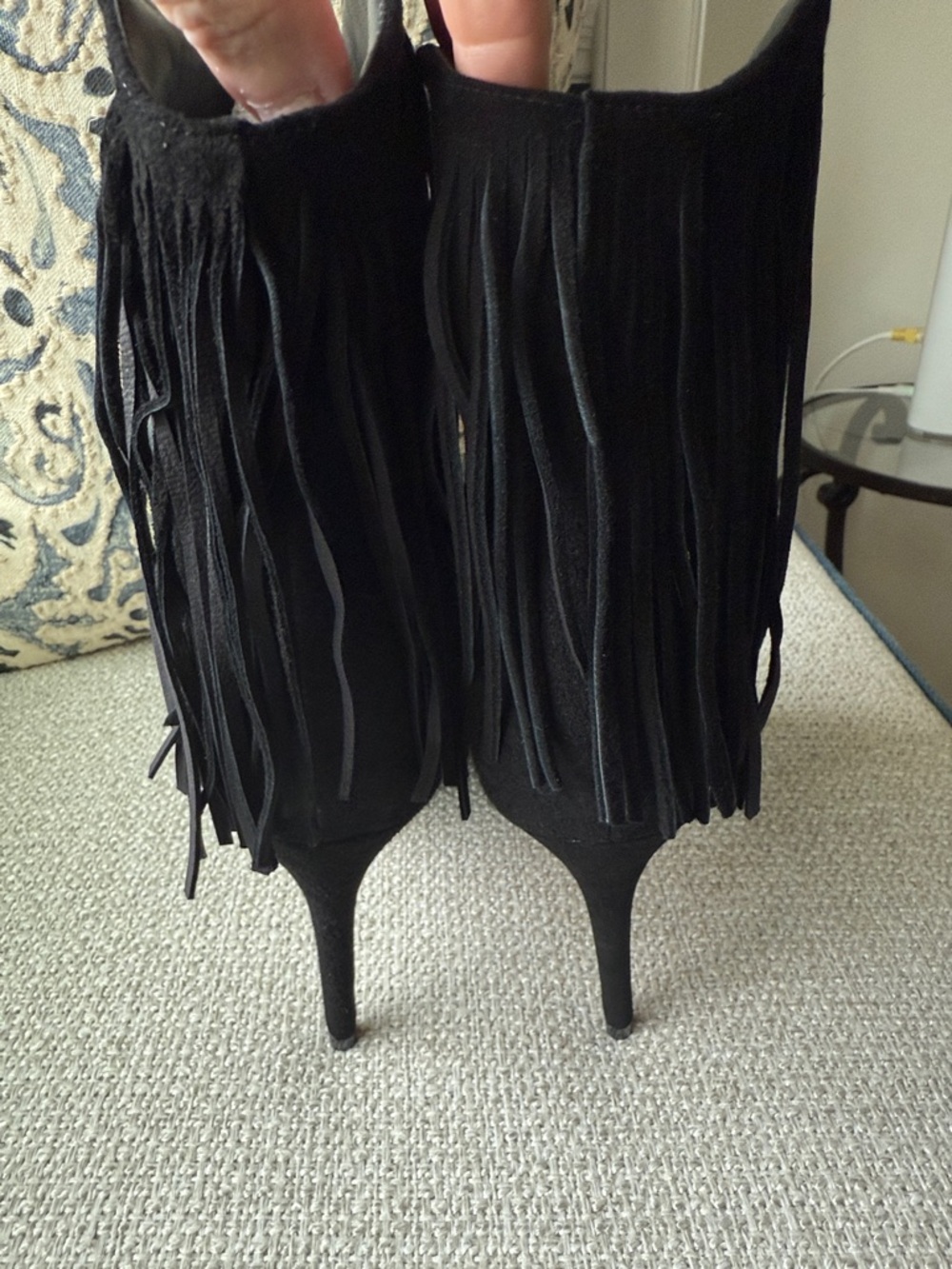 SCHUTZ Black Suede Pointed-Toe Fringe Ankle Booties - Picture 4 of 8